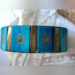 Vintage Azul Blue Tiles & Brass Bangle Cuff Bracelet Sun Planet Details Jewelry